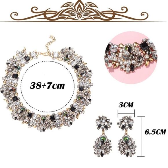 Yellow Gold with Black Onyx Austrian Crystal Chunky Necklace and Earrings Set - Picture 7 of 7